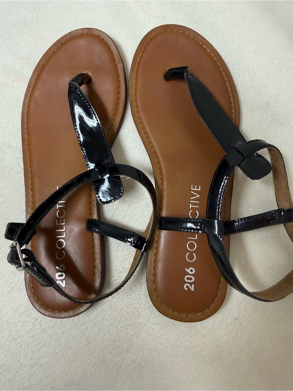 206 Collective Black Patent T-Strap Sandals with Brown Footbed